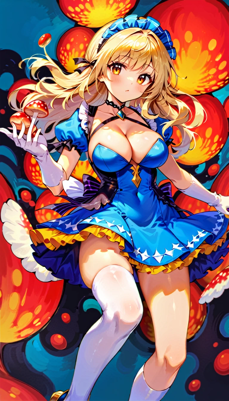 a beautiful 20 year old blonde woman with big messy hair in a blue dress, white stockings, black headband, cleavage, holding a glowing mushroom, fantasy art style, rossdraws cartoon vibrant, alice in wonderland cyberpunk, cute detailed digital art, colorfull digital fantasy art, digital fantasy art ), glossy digital painting, rossdraws pastel vibrant, rossdraws 2. 5, rossdraws 1. 0