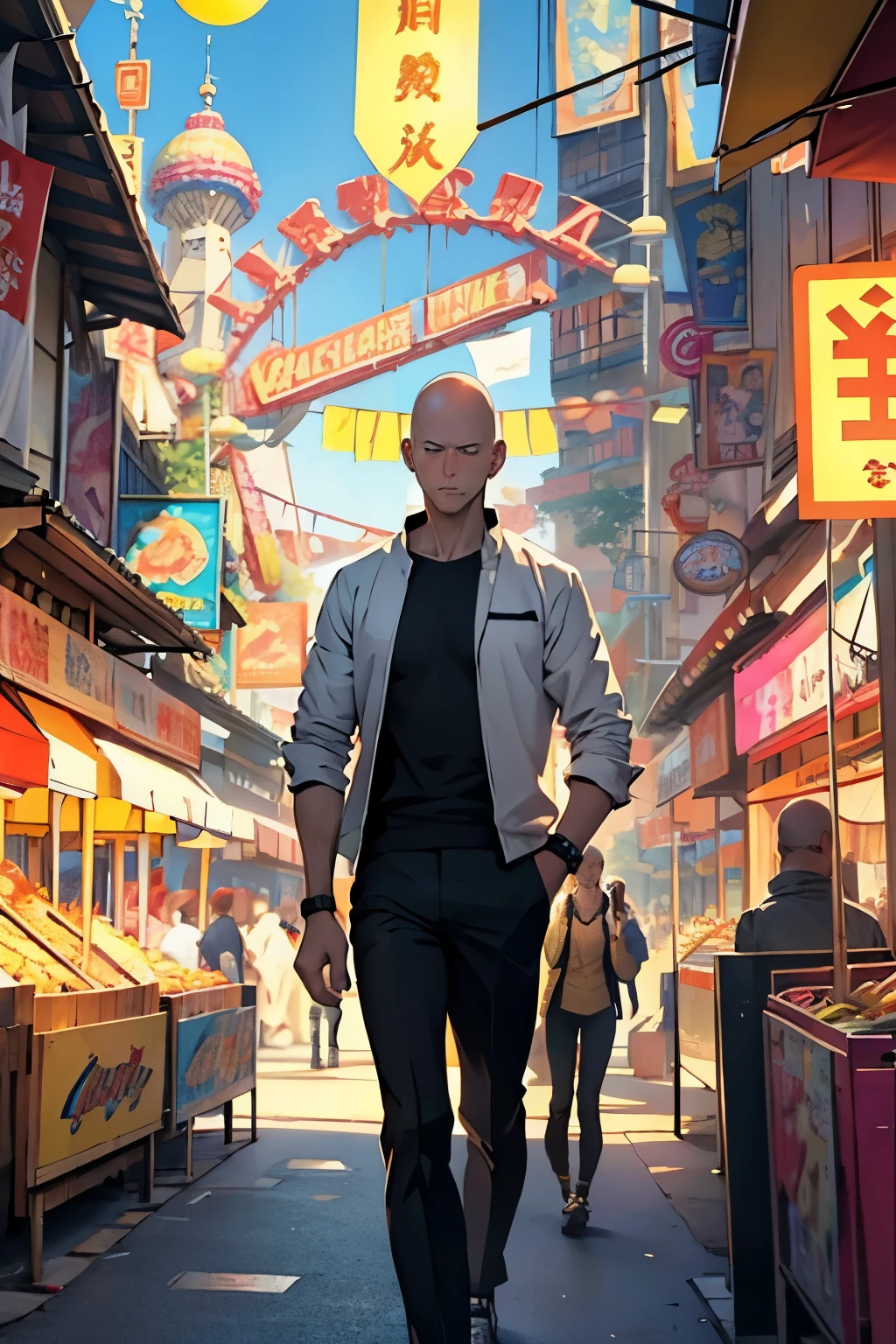 Saitama casually walking through a lively amusement park, looking a little bored among vibrant stalls and colorful decorations