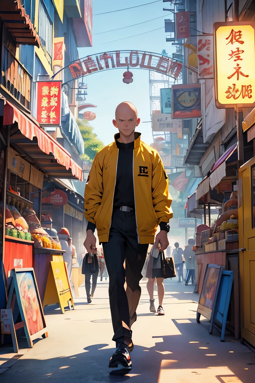 Saitama casually walking through a lively amusement park, looking a little bored among vibrant stalls and colorful decorations