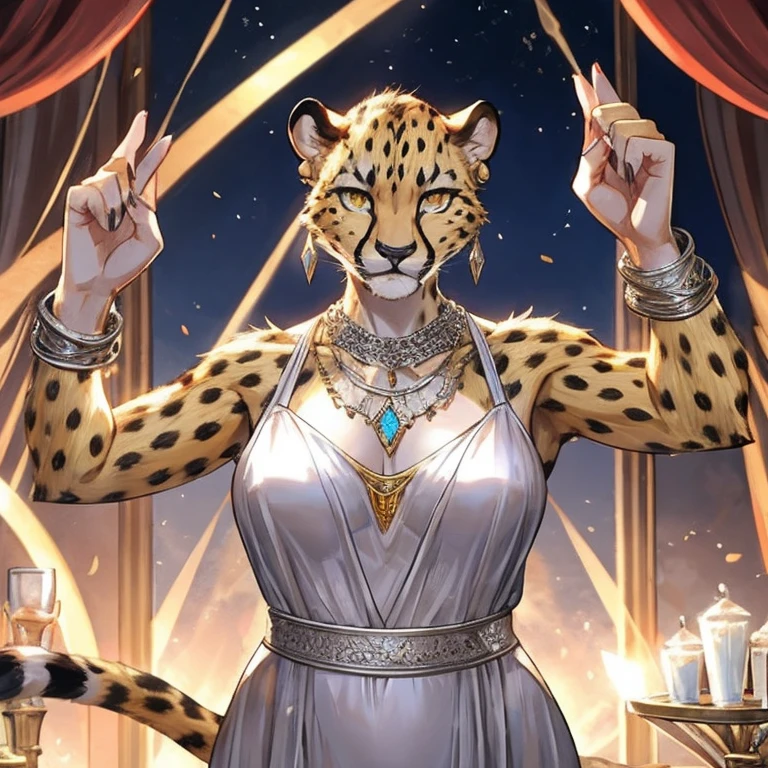 fat female cheetah, silver bracelets, silver necklace, silver earrings, silver dress, silver rings on all fingers, gala party, golden eyes, no hair, coins flowing from her hand