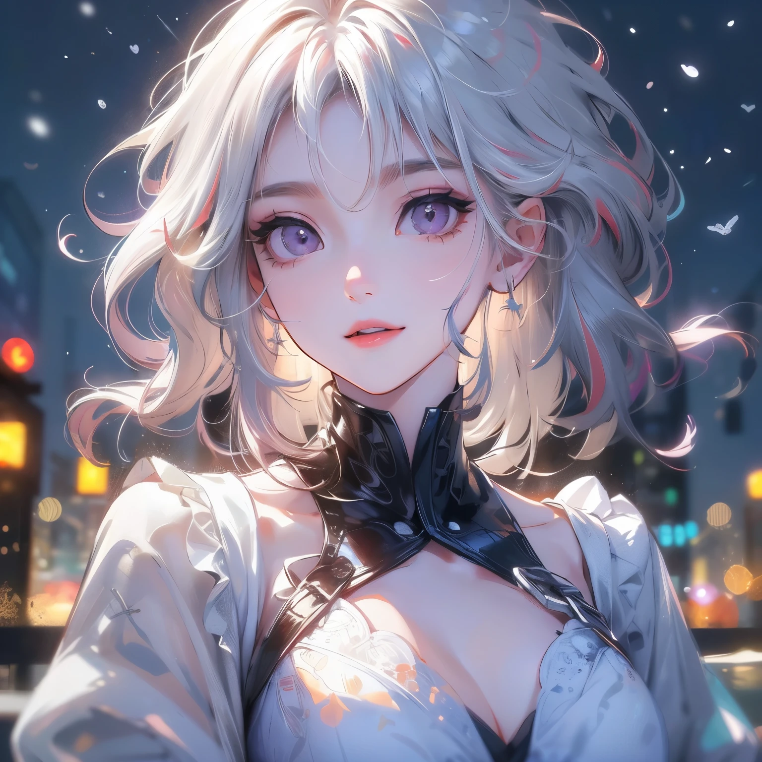 portrait woman, ((masterpiece,hight resolution,8K picture quality,top-quality)),1girl in,((extra detailed face)),femele,Delicate eyes,((Purple eyes)),((hairstyle on:Very short,White hair)),lensflare,Dramatic makeup,look back and smile,Natural complexion,large full breasts,Diffuse reflection of light(colourfull:1.5),aurora night sky,Star-filled sky,City of Snow,Night illumination,City of buildings at night seen from a high place,full bodyesbian,