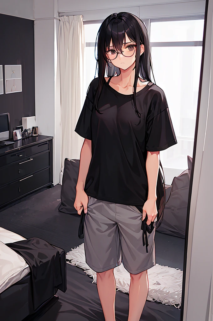 black short pajama pants, grey loose pajama t-shirt, long black hair, brown eyes, sad expression, tanned skin, glasses, inside her bedroom, dark circles under the eyes