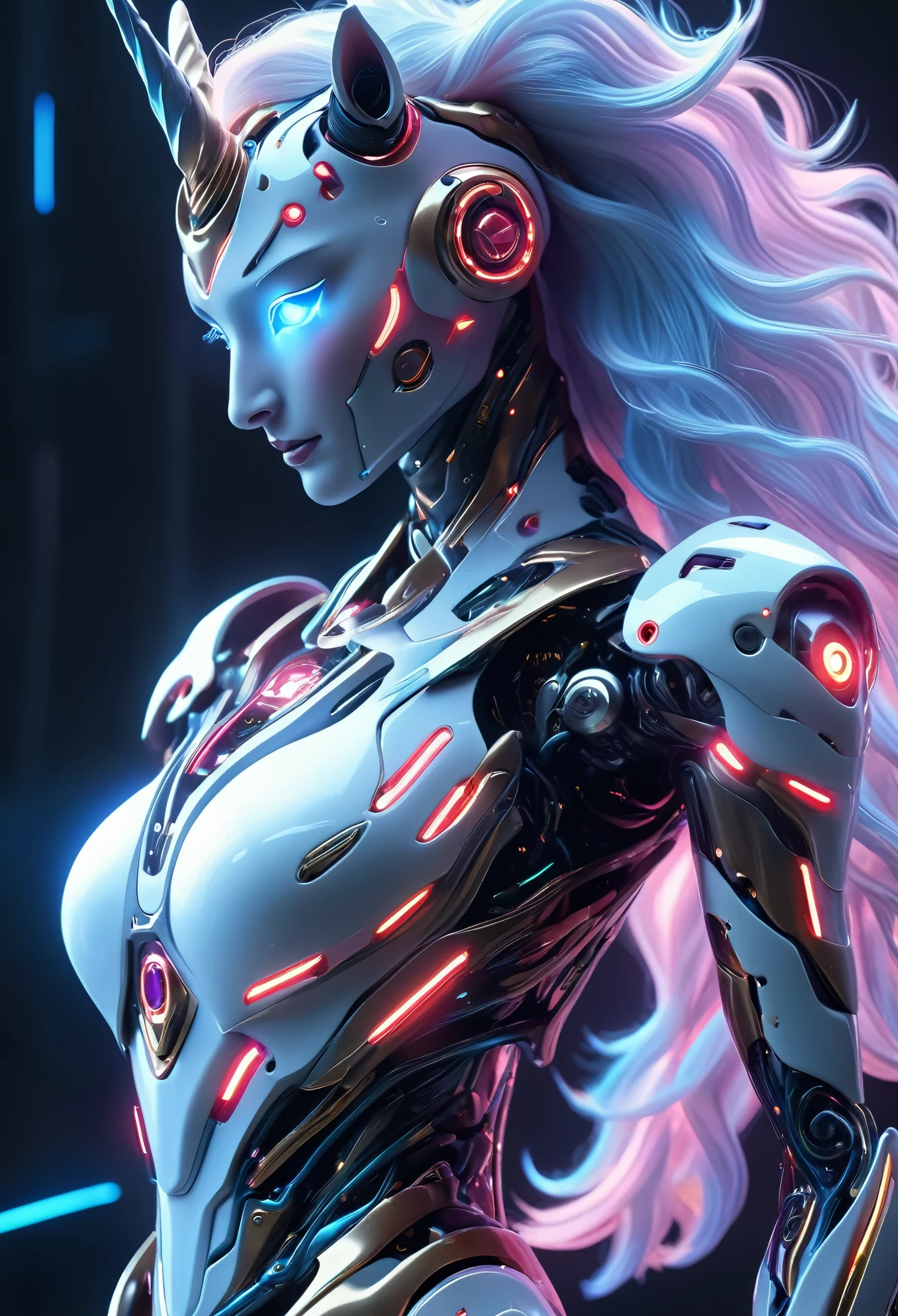 (best quality,4k,highres,masterpiece:1.2),ultra-detailed,(realistic,photorealistic:1.37), A breathtakingly beautiful female humanoid unicorn cyborg android, (a shimmering unicorn horn:1.8), porcelain skin, striking eyes, delicate features, futuristic sci-fi, intricate mechanical parts, glowing cybernetic implants, elegant and graceful pose, hyper-realistic, photorealistic, masterpiece, 8k, ultra-detailed, cinematic lighting, dramatic shadows, vivid colors, highly saturated, neon highlights, glowing energy fields, complex machinery, sleek and modern, cutting-edge technology, advanced AI, seamless integration of organic and mechanical elements