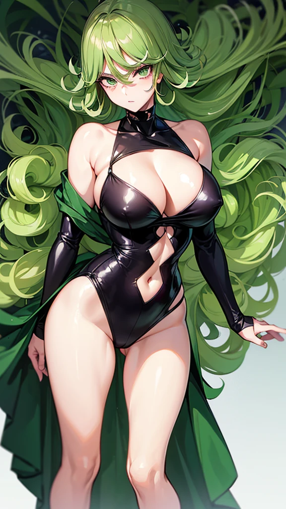 (Masterpiece, Masterpiece), anime girl with green curly hair, black outfit, detailed face, detailed eyes, tatsumaki from one punch man, tatsumaki, sexy, accurate, standing cutely