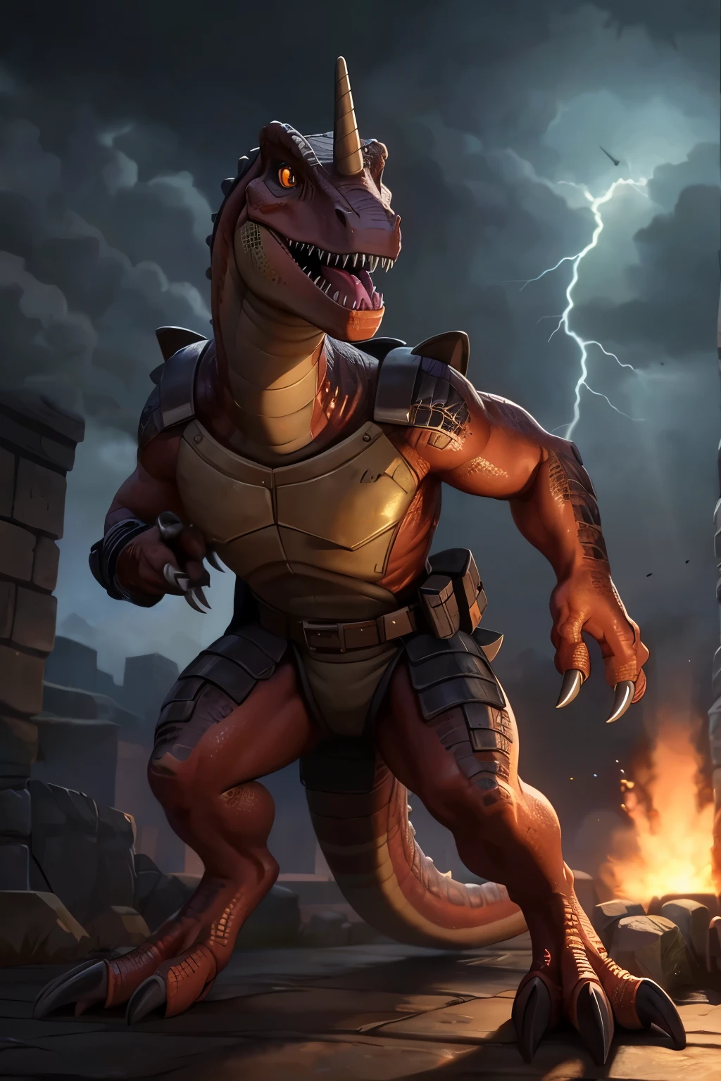 (((dinosaur character, full body, cinematic setting, lizard male)))
Here I come, drop your jaws to the floor
I'm riding on my (((mighty laser-shooting dinosaur)))
Here we come, can you hear him roar?
Prepare for epic fight and his (((laser missiles)))
The sound is boom, boom, boom for every time a goblin dies
Let's sing now, here we go, hear my battle cries
(((Made of metal))) from the moon
Assembled by samurai
His battery gets charged by thunderstorm
With most advanced AI
Devouring trolls and unicorns
From his maw there comes a flame
Burning away our enemies
And therefore we proclaim
BREAK, detailed background, 8K, (masterpiece:1.5), intricate details, highly detailed, extreme detail, octane render, fine art, best quality, highres, (detailed face:1.5), ((full_body)), UHD, (((perfect hands))), low light