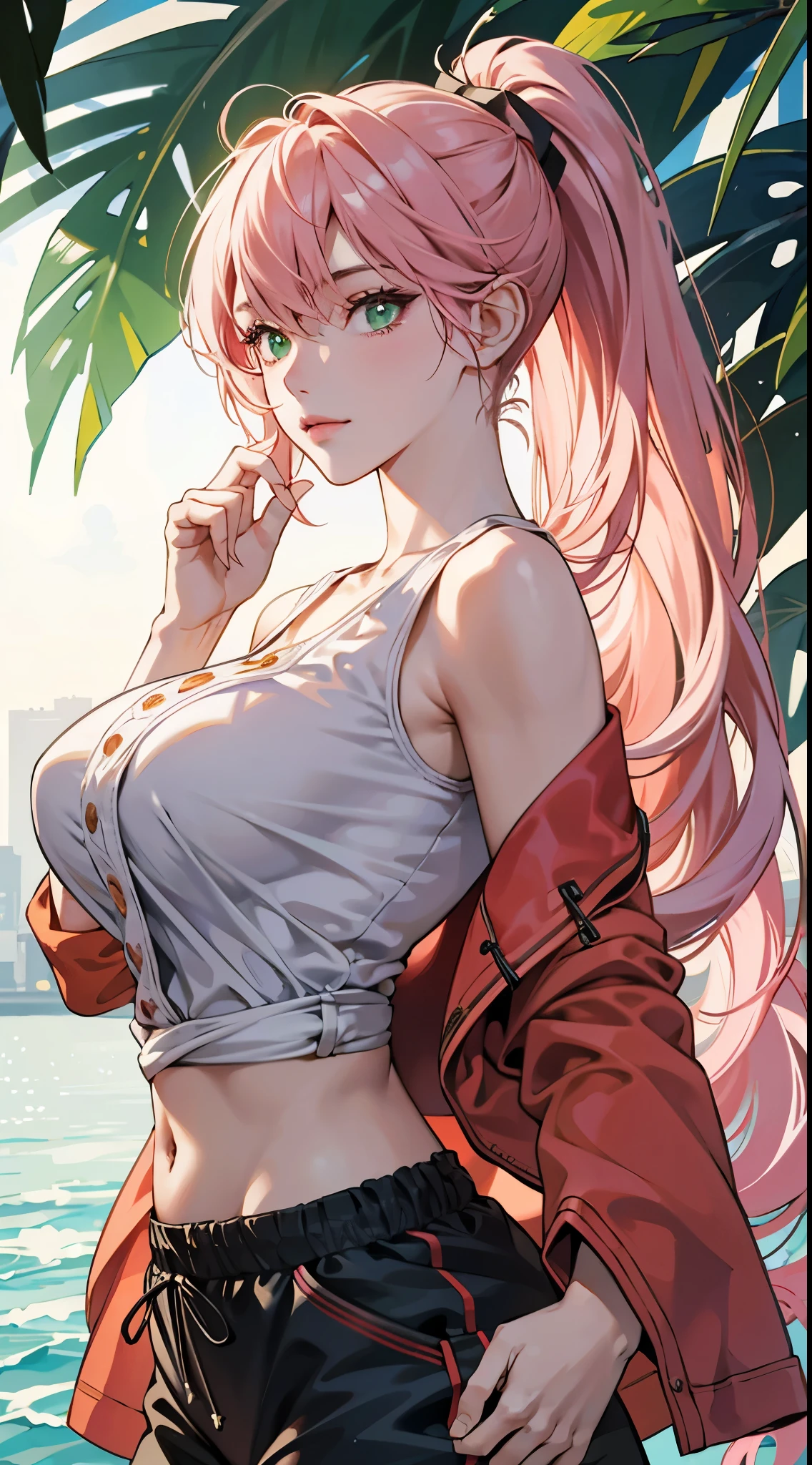 ((best qualtiy)), ((tmasterpiece)) 4K, high resolution, Best quality, Masterpiece, perfect colors, perfectly shaded, Perfect lighting, posted on e621, (by Chunie), anthro, ((Portrait)), ((beautiful woman)), perfect female figure, length detailed hair, pink hair color, left and right ponytail, Big breasts, bigger breasts, Green eyes color, Wear men's shorts,Abusculature,Detailed face, Perfect face, (The stands up), Detailed background, ((Bonifasko lighting)), (Detailed eyes), perfect pupils,suntanned skin, in the toyko background