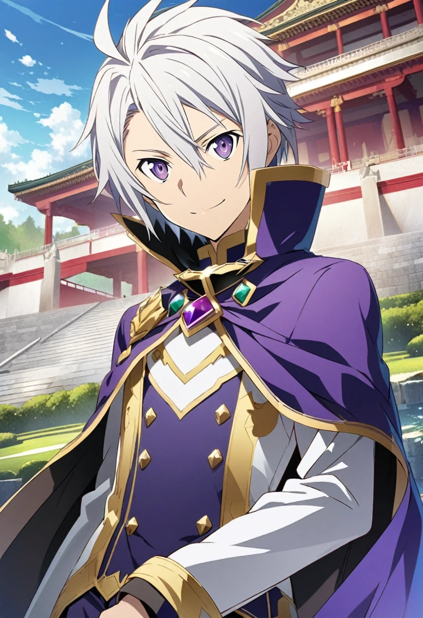 Hyakuya Yuuichiro \(Sword Art Online\), short silvery white hair, bejeweled purple eyes:1.2, Prince costume, bangs, smiling mischievously, cape, ((ultra-detailed)), ((illustration)), (neat hair)), (beautiful detailed eyes), male, 1boy, ((imperial palace)), looking at viewer
