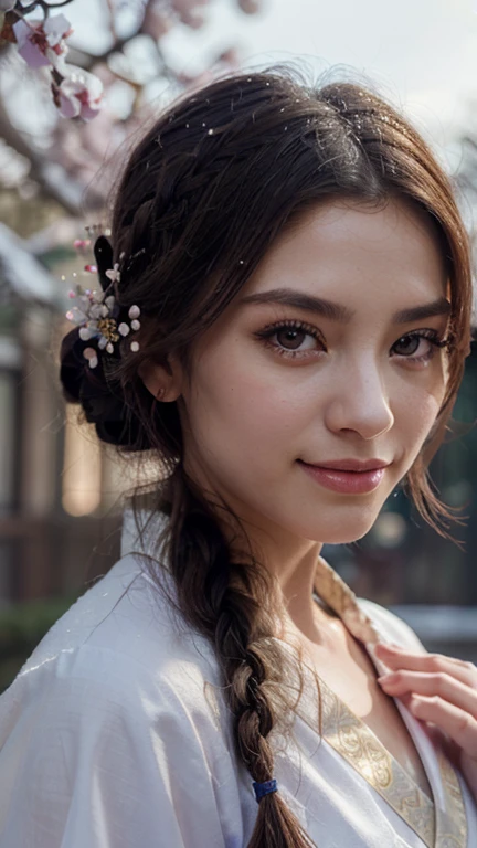 Bright purple Taoist robe, Hanfu long skirt, big eyes, masterpiece absolute beauty, 1 woman, close-up. Close-up, healing smile, snow scene, 4K picture quality, twisted braid, princess hairstyle princess cut, simple hair accessories, plum blossoms, people can't forget the beauty when they see it