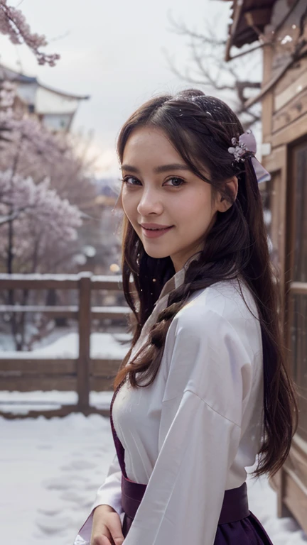 Bright purple Taoist robe, Hanfu long skirt, big eyes, masterpiece absolute beauty, 1 woman, close-up. Close-up, healing smile, snow scene, 4K picture quality, twisted braid, princess hairstyle princess cut, simple hair accessories, plum blossoms, people can't forget the beauty when they see it