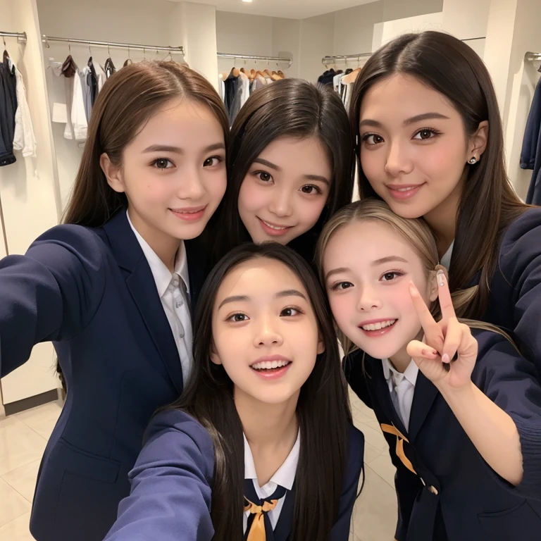 highest quality、High resolution、Detailed Background、(Beautiful face in every detail:1.4)、Anatomically correct、(Hide your fingers:1.3)、(Detailed facial expressions)、(Fine grain:1.2)、Teenage Beauty、(Highly detailed face:1.4)、Cute hair color、Braided twin tails、well-groomed eyebrows、Cute JK Uniform、Cute gestures、(Changing clothes in the fitting room)、Jokingly、Big smile、(Three beautiful girls having fun taking a selfie with their friends:1.5)