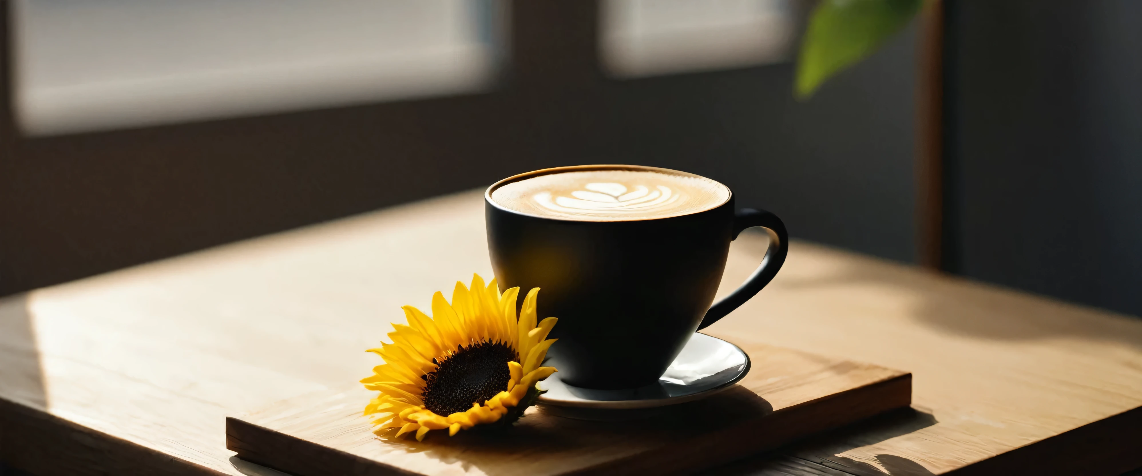 Close-up of a latte coffee in a black magnetic cup and a beautifully packaged sunflower bouquet lying flat on a wooden tabletop,Exquisite, beautiful and bright through soft light and shadow,In the fresh and bright morning hours。Viewed from a bird's eye view,The bokeh background adds a romantic atmosphere,There are no characters in the whole scene,Seems extremely peaceful and comfortable,With window background,Fresh bright bokeh background