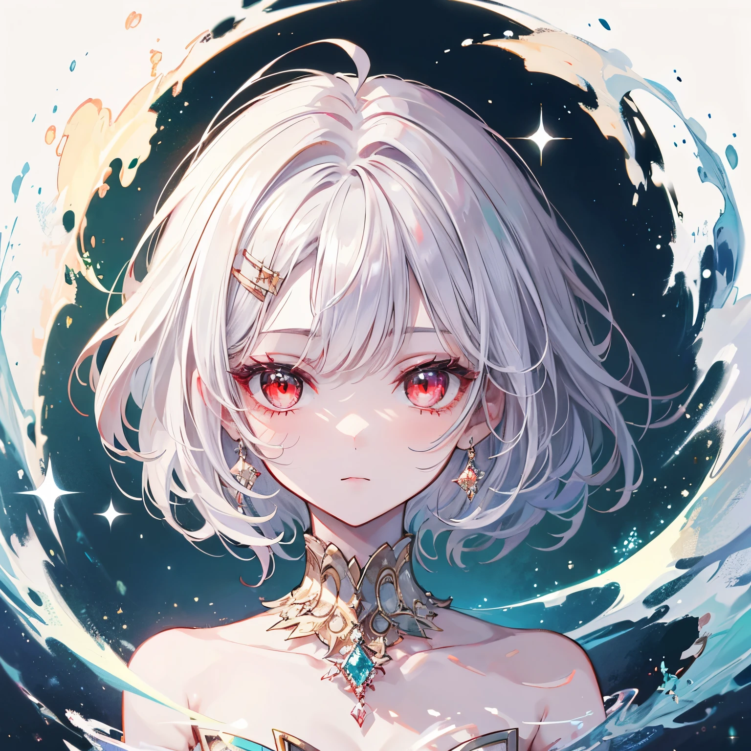 1girl, afro, colored skin, diamond (gemstone), floating hair, forehead jewel, gem, green eyes, long hair, portrait, red eyes, short hair, solo, sparkle, upper body, white hair
