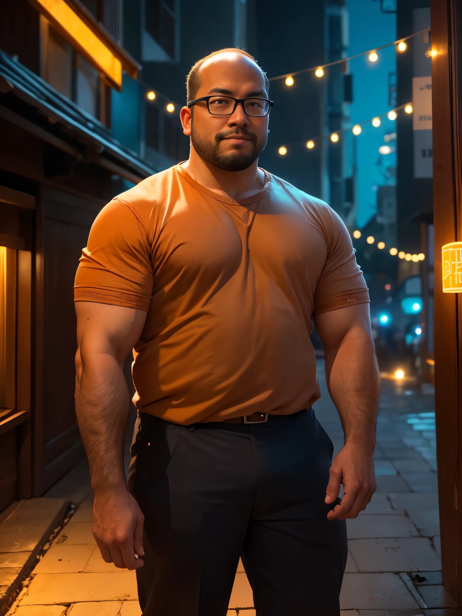 An award-winning original photo, a handsome 35-year-old man, crew cut, full body, mature man, [slightly fat], asian, brown eyes, glasses, (slightly balding), 1boy, Solo, (big shoulder), musculature, stubbles, (Short beard), Dynamic Angle, volumetric lighting, (Best quality, A high resolution, Photorealistic), Cinematic lighting, Masterpiece, RAW photo, Intricate details, hdr, depth of field, landscape,there is a man standing in front of a building with a blue umbrella, with orange street lights, in front of the house, led lights around the place, in modern era, at future neon light rooftop, discovered photo, bright sunny day, myself, with glowing lights at night, pleasant lighting, inspired by Ding Yunpeng, paisible night lighting