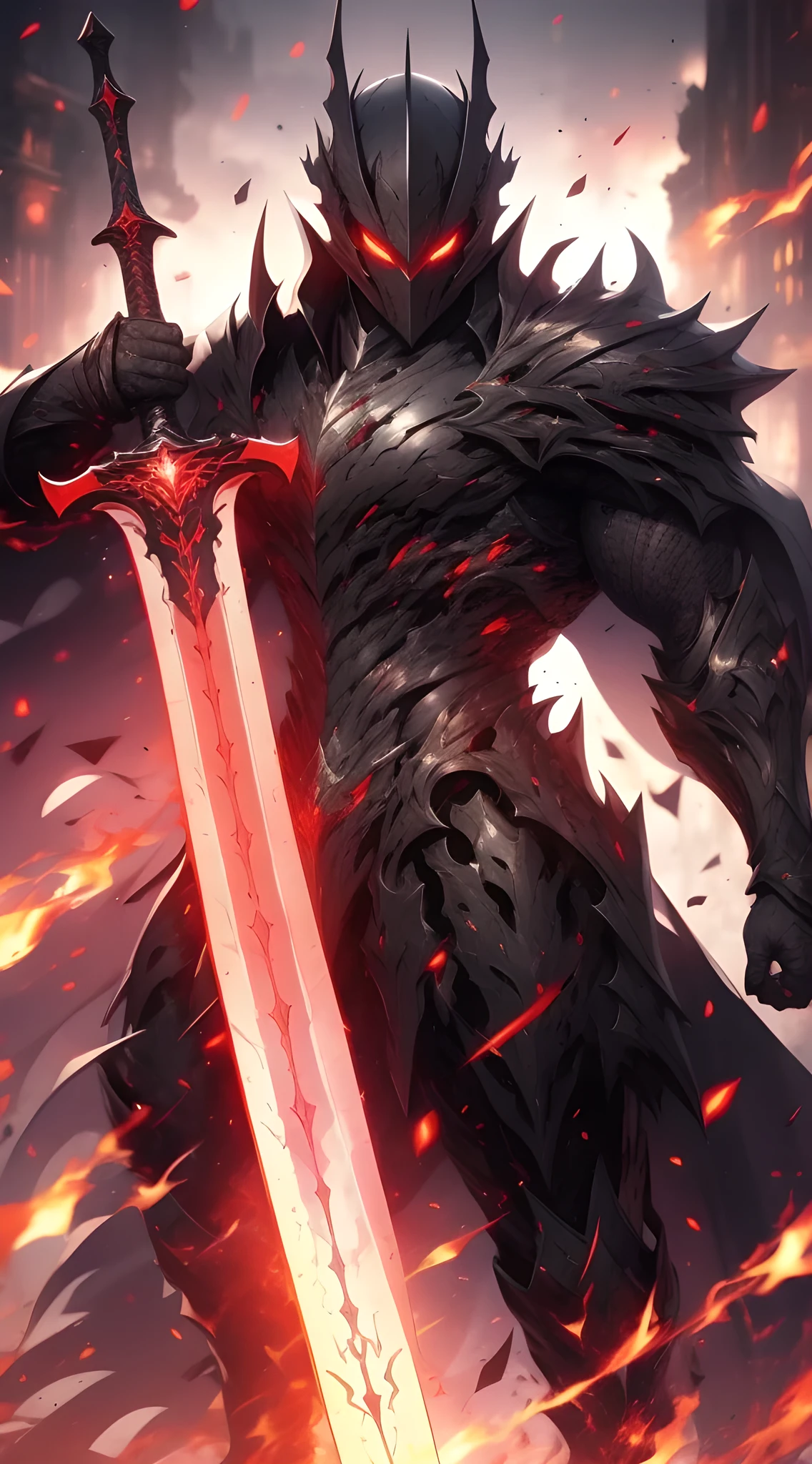 A high resolution, High quality,(Beautiful), ((Masterpiece)),Vibrant colors,1boys, mod \(rampage\), Male focus, Arms, Biceps, Strong muscles,scars in the face, Short black hair,  Bandages,The right eye is closed, A strand of white hair,Extremely angry face,(Hylock Knight,Armor, Shoulder armor, Black armor,Black cape,Giant sword, Glowing red eyes), hdr (HighDynamicRange), Maximum clarity and sharpness, Multi-layered textures,ultra - detailed,