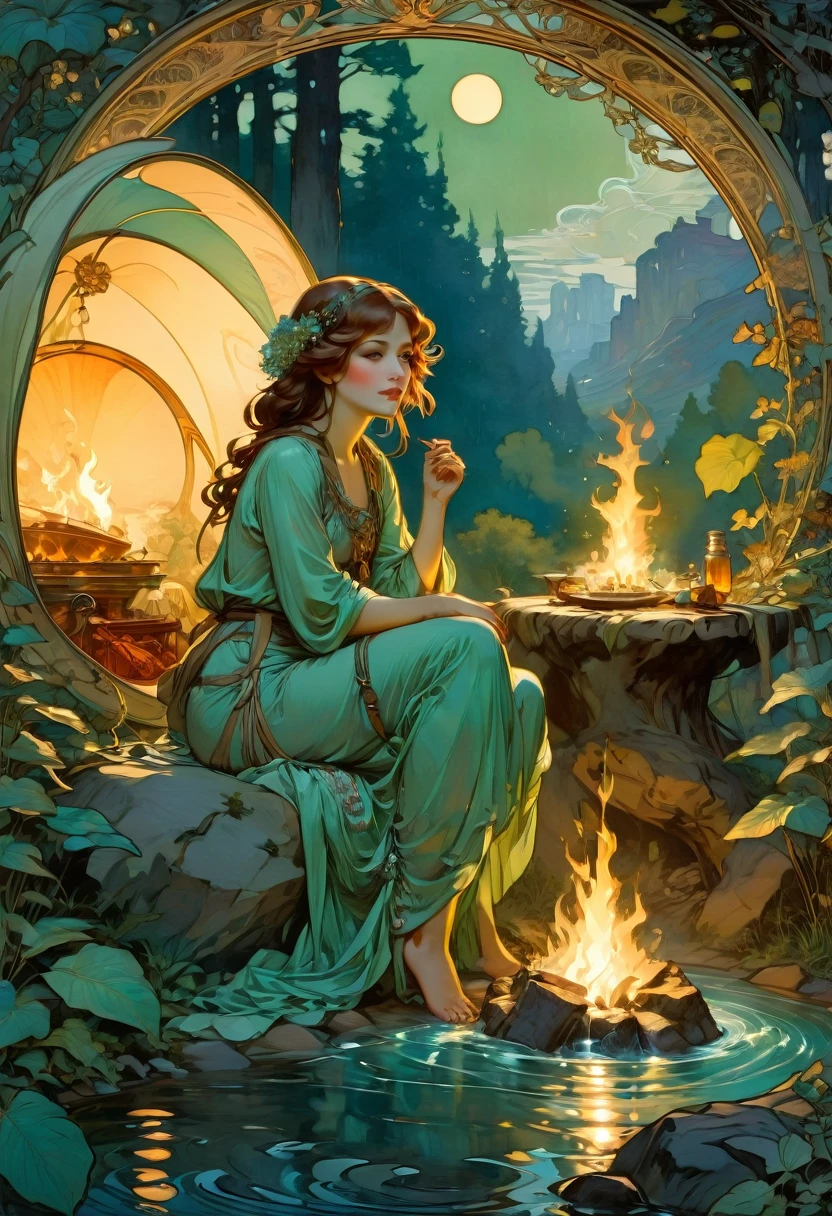 Outdoor Camping, by Alphonse Mucha, best quality, masterpiece, very aesthetic, perfect composition, intricate details, ultra-detailed