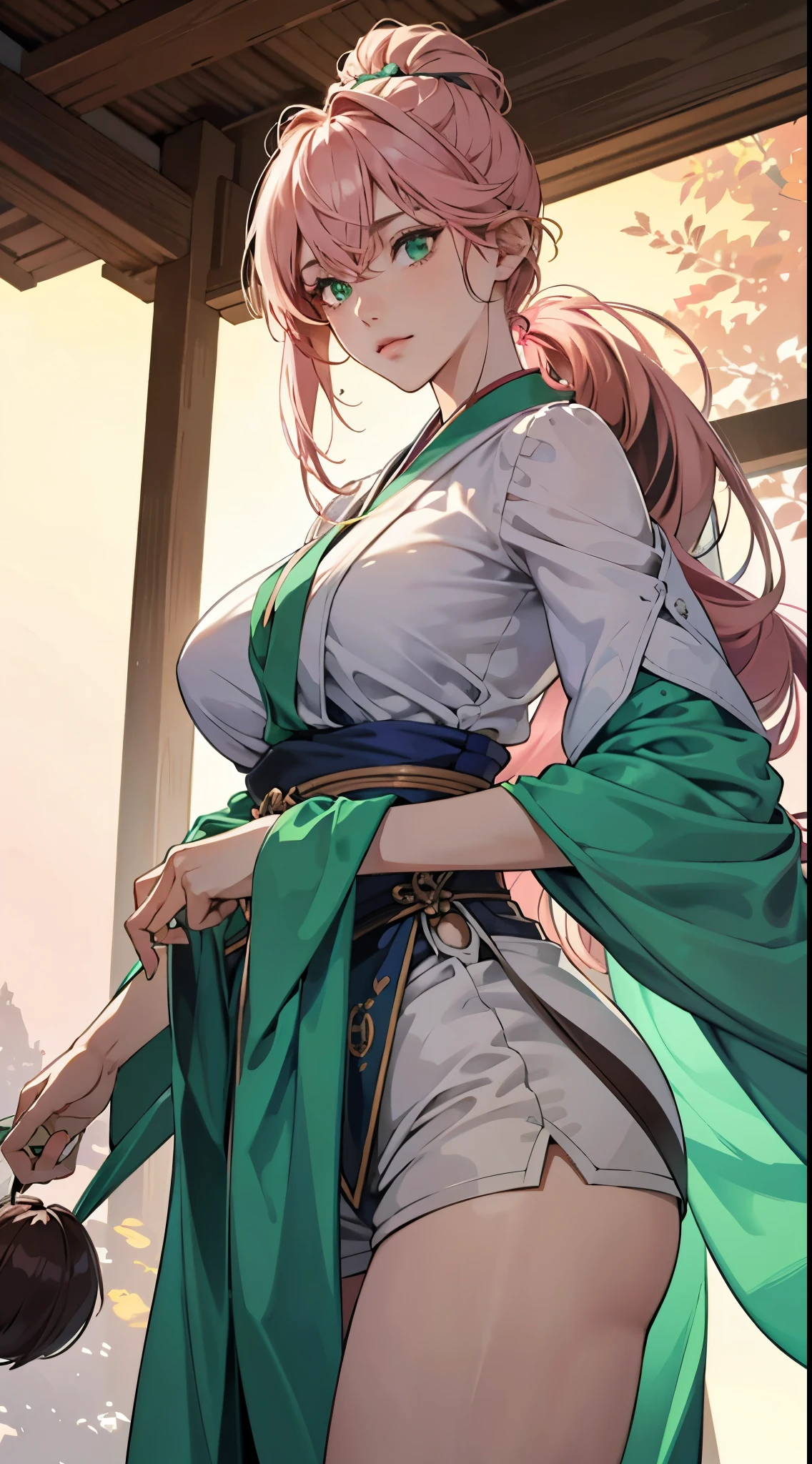 ((best qualtiy)), ((tmasterpiece)) 4K, high resolution, Best quality, Masterpiece, perfect colors, perfectly shaded, Perfect lighting, posted on e621, (by Chunie), anthro, ((Portrait)), ((beautiful woman)), perfect female figure, length detailed hair, pink hair color, left and right ponytail, Big breasts, bigger breasts, Green eyes color, Wear men's shorts,Abusculature,Detailed face, Perfect face, (The stands up), Detailed background, ((Bonifasko lighting)), (Detailed eyes), perfect pupils,suntanned skin, in the Japanese background
