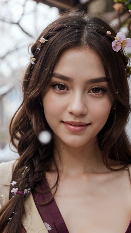 Bright purple Taoist robe, no bra, no top, Hanfu long skirt, big eyes, masterpiece absolute beauty, 1 woman, close-up. Close-up, healing smile, snow scene, 4K picture quality, twisted braid, princess hairstyle princess cut, simple hair accessories, plum blossoms, people can't forget the beauty when they see it