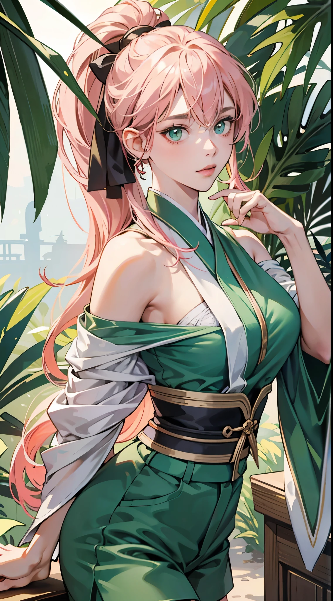 masutepiece, ultra-detailliert, 8K Portrait, Raw photo, a portrait photo of, Highly detailed face, beautiful and meticulous eyes, ((Fantasy)), Young beautiful, 22 years old, Dynamic Pose, (((long straight deep green hair))), ((One side is braided with an orange hair ribbon)), Blunt bangs, White skin color, Luxury, (((Kimono))) Fluttering in the wind, ((Equip yourself with a pocket watch)), Midday Sun, Hyper realistic, Body model, Small breasts, Beautiful breasts, Long legs, in a castle, Ambient lighting, Shadow details , Camera focus on face, strong breeze, Light fog