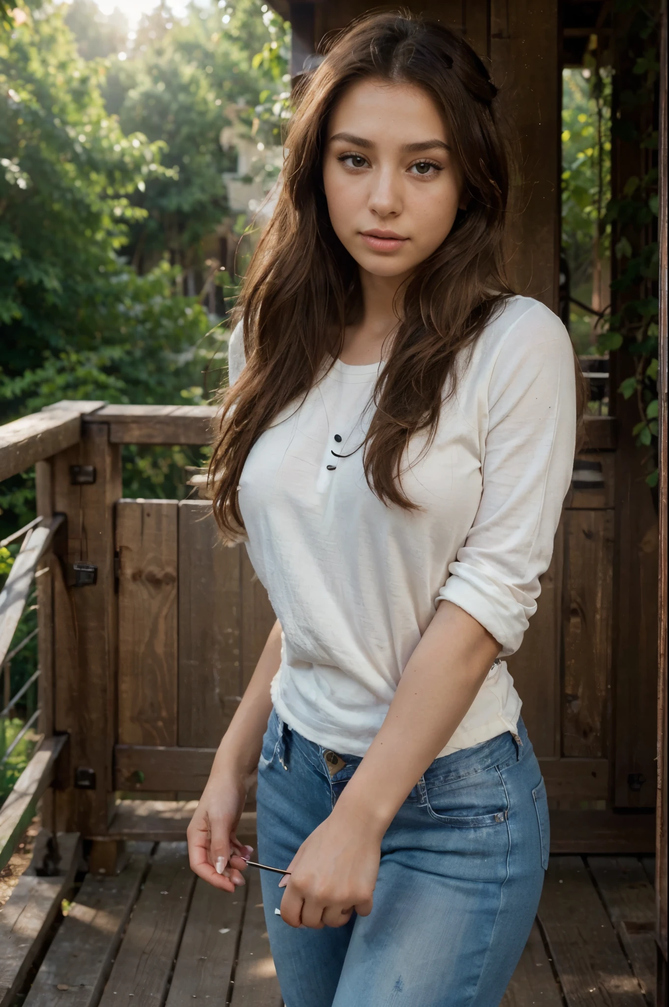 sophie mudd, Alycia Debnam-Carey, thick neck, latina, angelawhite, violet myers, 22 years old, 21 years old, hazel eyes, italian, italian latina,1 woman, 30yo, exterior rustic beauty of oak and maple trees, she's looking at camera, she's standing on gorgeous luxury treehouse deck with wood railing, riverside, ((taken using Leica camera, aperture: f/2.3)) ,(kkw-ph1:0.9), hyper-realistic skin, (she has brunette hair, long, messy), her hair is pulled back over her ears, (she wears a outdoor sweater, worn jeans, subtle mound), healthy sun-kissed skin, blushing, her arms relaxed near her body, ,relaxed pose, she's in dark with natural light glow, radiant skin , sultry, tantalizing, perfectly framed face, perfect relaxed hands, perfect fingers, nail polish, (perfect portrait, incredible eyes:1.1), a work of art, beautiful composition, golden ratio, playful pleasure joy, inspiring, (highest quality fabric texture), every detail,Fine facial features – (Highest Quality) ,Leica camera film, High quality ○○ detailed – ○○ details ultra detailed(Ultra-fine ), Photorealistic, Extremely detailed(Extremely detailed) , (highest detail image, lens flare, realistic)○○ res – ○○ resolution ultra high res(A high resolution),playfully sexy and relaxed photos,