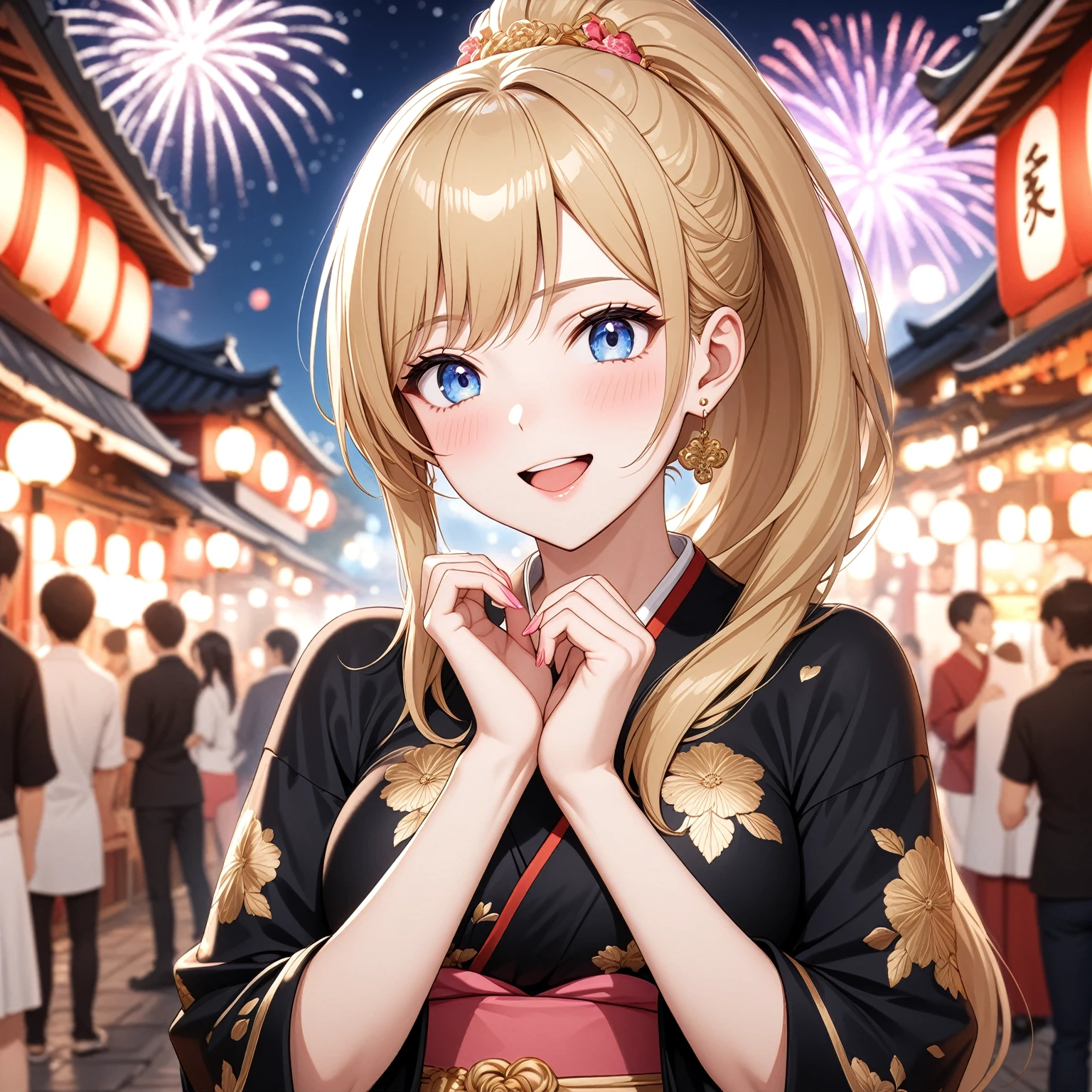 ((One woman)), Beautiful Face,Happy and impressed,((Wink)),Blushing,Laughing with your mouth open,Glossy Lips,Abstract, night,shrine,Festival food stalls, firework,((Anime style background)),masterpiece, highest quality, so beautiful, up to date, Complex details, (Pink long nails),AI-generated, Complex,High resolution, highest quality, super high quality,3D Images、View the viewers、3D Images,one person,Woman with long blonde hair,High Ponytail,blue eyes,Anime woman posing for a photo, [[Fine grain、Colorful eyes、Shining Eyes:1.15]],(Squint your eyes:1.1),a hyperRealistic , hyperRealistic , Realistic , Blonde anime woman with long hair, Smooth anime CG art, A woman in a gorgeous kimono with gold embroidery, Black kimono,Flower pattern kimono,Long flower hair ornament,Earrings,(Large Breasts:1.3),Mature Body,tall,Big Ass,Fine details,Abdominal muscles,Shooting from an angle,(A woman making a heart sign with her hands),(Put your hands together)