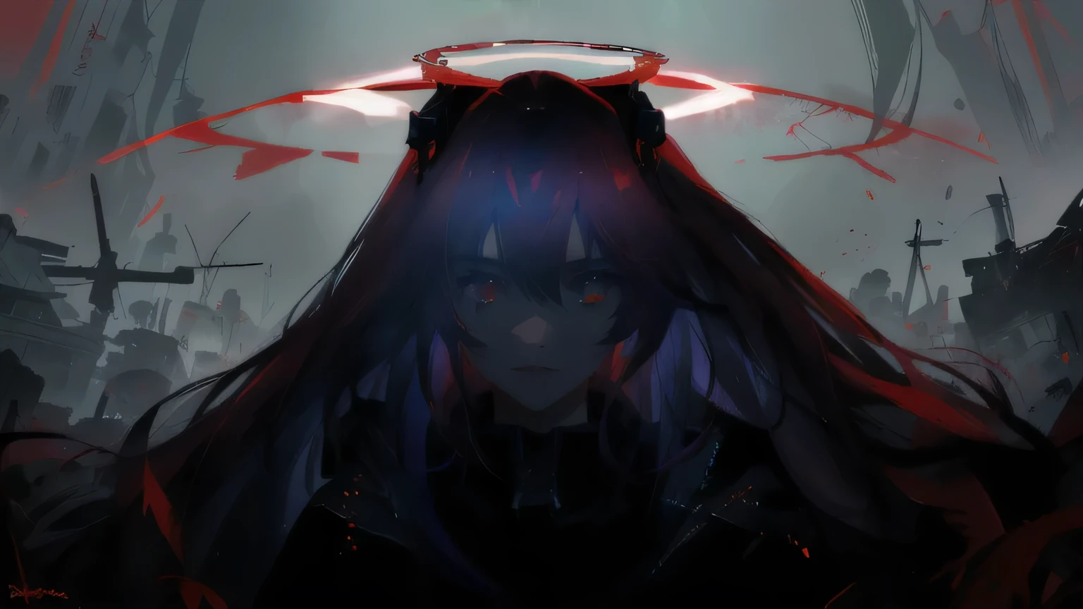 Imagen arafed de una mujer con una capa roja y un halo., with ojos rojos brillantes, con ojos rojos brillantes, sangre goteando de los ojos, gapmoe yandere grimdark, ojos rojos brillantes, ojos completamente rojos, sus ojos sangran intensamente, ojos rojo sangre, con ojos rojos, sus ojos son rojos y brillantes, observador sin ojos, no cara, anatomically correct.