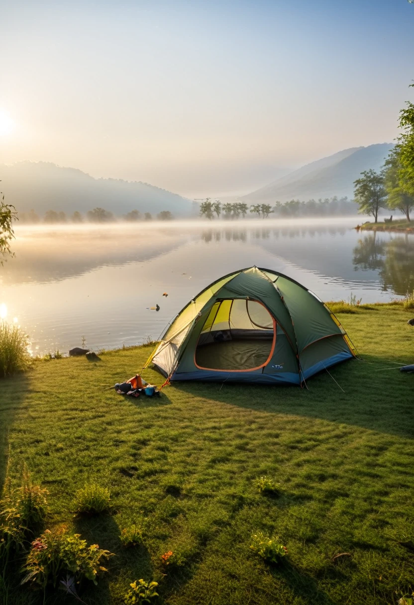 A lakeside campsite surrounded by light morning mist, In a peaceful morning, a thin layer of mist floats on the lake surface, and sunlight shines through the mist on the tent. Dewdrops twinkle on the grass tips, and the melodious chirping of birds can be heard in the distance, (masterpiece, best quality, Professional, perfect composition, very aesthetic, absurdres, ultra-detailed, intricate details:1.3)
