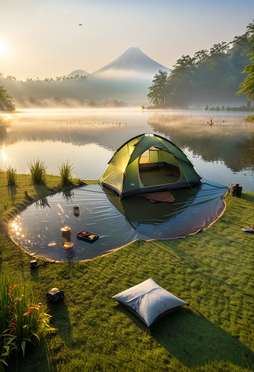 A lakeside campsite surrounded by light morning mist, In a peaceful morning, a thin layer of mist floats on the lake surface, and sunlight shines through the mist on the tent. Dewdrops twinkle on the grass tips, and the melodious chirping of birds can be heard in the distance, (masterpiece, best quality, Professional, perfect composition, very aesthetic, absurdres, ultra-detailed, intricate details:1.3)