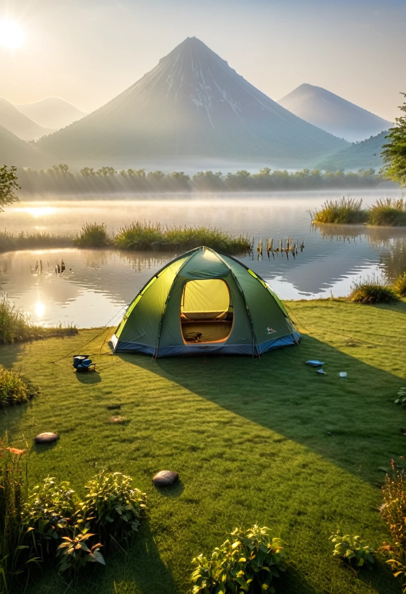 A lakeside campsite surrounded by light morning mist, In a peaceful morning, a thin layer of mist floats on the lake surface, and sunlight shines through the mist on the tent. Dewdrops twinkle on the grass tips, and the melodious chirping of birds can be heard in the distance, (masterpiece, best quality, Professional, perfect composition, very aesthetic, absurdres, ultra-detailed, intricate details:1.3)