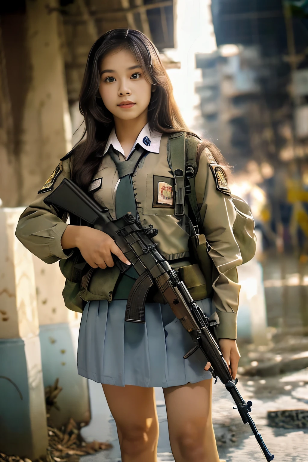 Masterpiece, beautiful 20 year old Indonesian woman in student uniform holding AK47 rifle, long hair, slim athletic body, detailed eyes, proud Indonesian female student, mini skirt, portrait of female student, female student portrait, beautiful female student, Indonesia, about a sniper girl in the war, holding a rifle AK47, holding a rifle, arms folded, portrait of a female city guard, standing in the middle of the city, portrait taken from below, portrait taken, by Arthur Sarkissian, face full of determination, with an AK47 rifle, with an AK47 rifle in hand, very high resolution .photorealistic: 1.4, UHD, beautiful city background,.