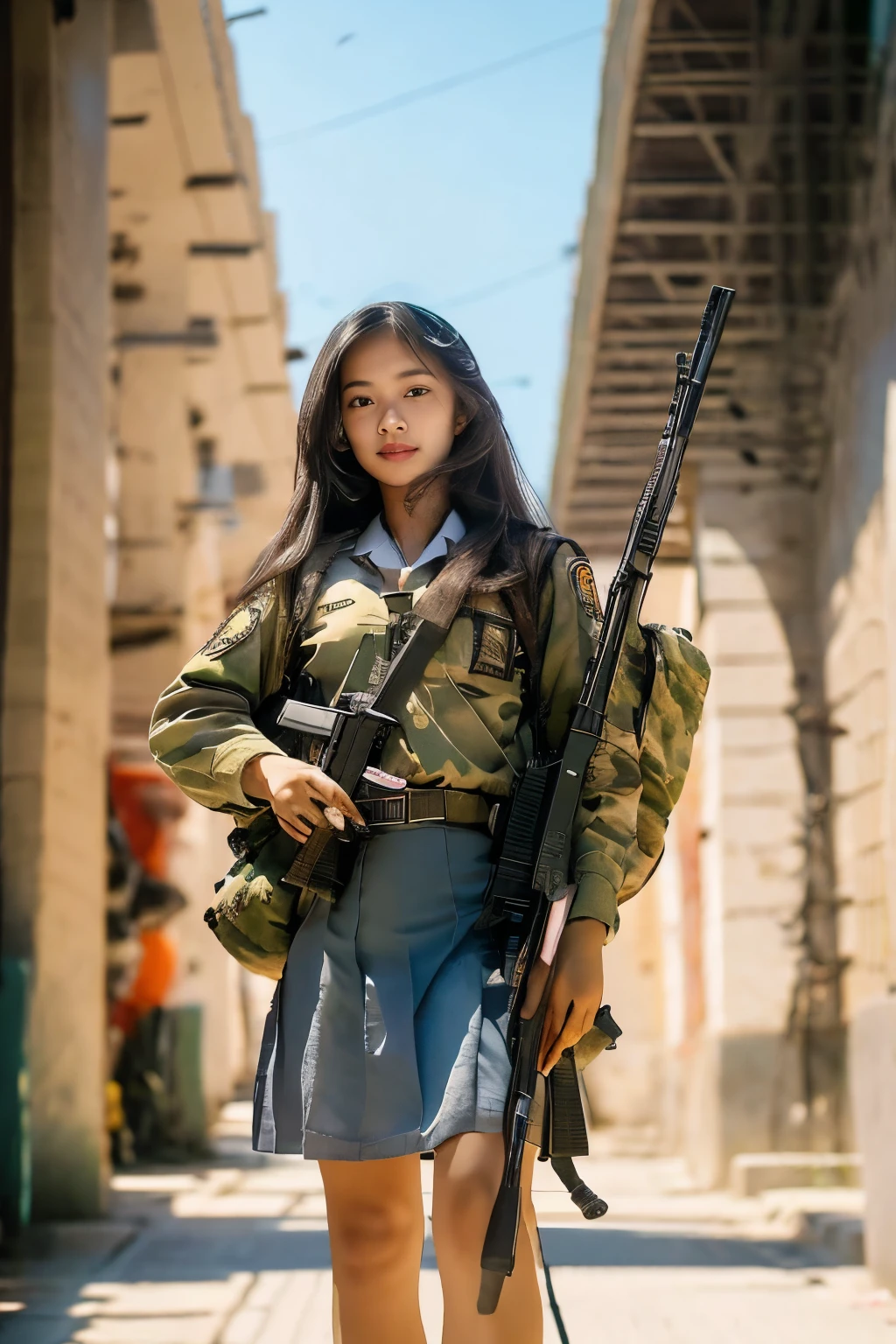 Masterpiece, beautiful 20 year old Indonesian woman in student uniform holding AK47 rifle, long hair, slim athletic body, detailed eyes, proud Indonesian female student, mini skirt, portrait of female student, female student portrait, beautiful female student, Indonesia, about a sniper girl in the war, holding a rifle AK47, holding a rifle, arms folded, portrait of a female city guard, standing in the middle of the city, portrait taken from below, portrait taken, by Arthur Sarkissian, face full of determination, with an AK47 rifle, with an AK47 rifle in hand, very high resolution .photorealistic: 1.4, UHD, beautiful city background,.