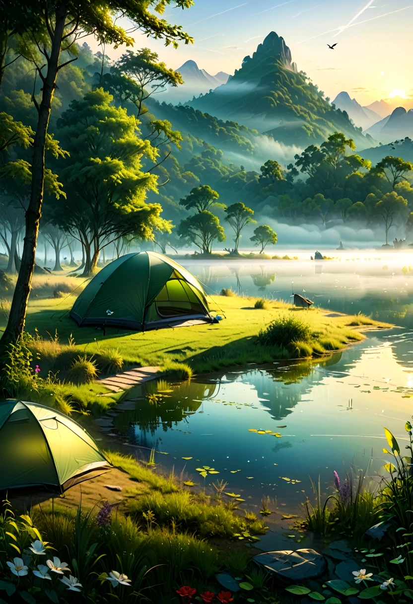 A lakeside campsite surrounded by light morning mist, In a peaceful morning, a thin layer of mist floats on the lake surface, and sunlight shines through the mist on the tent. Dewdrops twinkle on the grass tips, and the melodious chirping of birds can be heard in the distance, (masterpiece, best quality, Professional, perfect composition, very aesthetic, absurdres, ultra-detailed, intricate details:1.3)