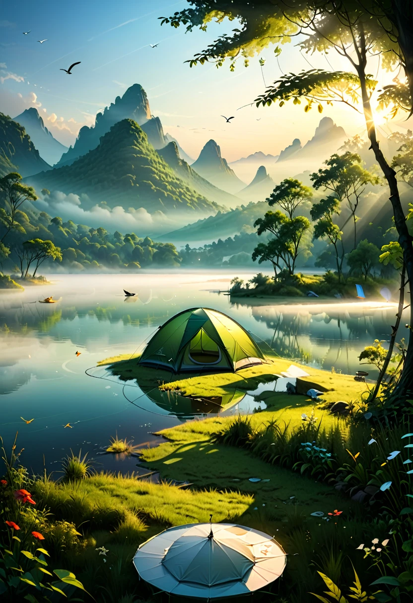 A lakeside campsite surrounded by light morning mist, In a peaceful morning, a thin layer of mist floats on the lake surface, and sunlight shines through the mist on the tent. Dewdrops twinkle on the grass tips, and the melodious chirping of birds can be heard in the distance, (masterpiece, best quality, Professional, perfect composition, very aesthetic, absurdres, ultra-detailed, intricate details:1.3)
