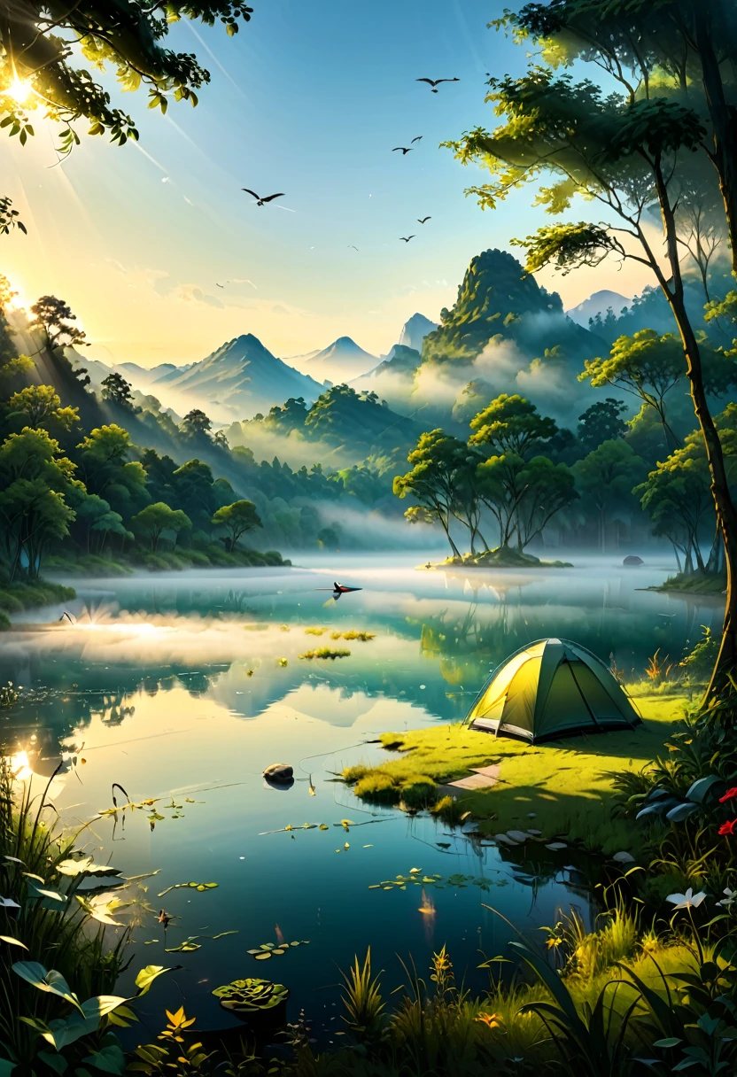 A lakeside campsite surrounded by light morning mist, In a peaceful morning, a thin layer of mist floats on the lake surface, and sunlight shines through the mist on the tent. Dewdrops le on the grass tips, and the melodious chirping of birds can be heard in the distance, (masterpiece, best quality, Professional, perfect composition, very aesthetic, absurdres, ultra-detailed, intricate details:1.3)