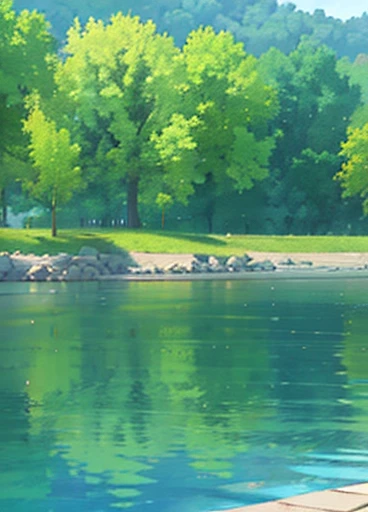 Chica de anime ,rubia ,ojos azules piel blanca, delineador en los ojos, cara hermosa , busto grande y cintura delgada grandes caderas anchas piernas torneadas, posing in lingerie and making a gesture of tenderness,  unas negras y detallado perfecto HD, bright landscape with water and vegetation, en bikini sexy