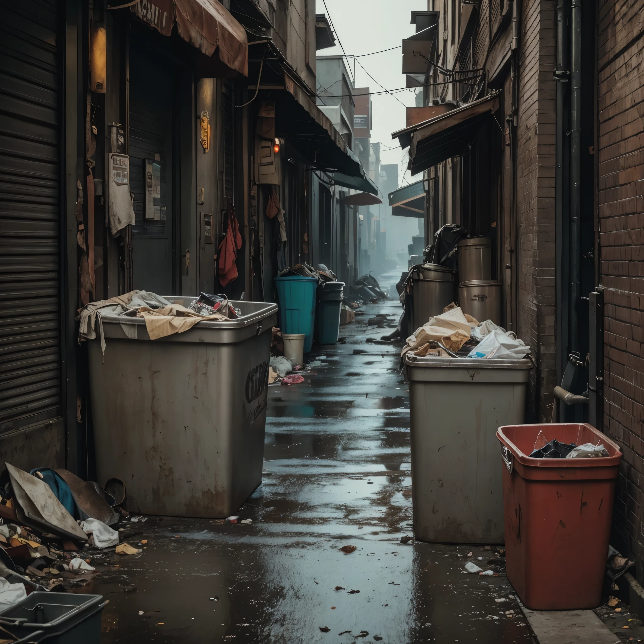 A dirty dog scavenging for food in a trash can, detailed fur, dirty paws, digging through garbage, urban alleyway, gritty, dark, moody lighting, cinematic composition, (best quality,4k,8k,highres,masterpiece:1.2),ultra-detailed,(realistic,photorealistic,photo-realistic:1.37),cinematic,street photography,dramatic lighting,moody,gritty,urban,dirty,scavenging,rusted trash can