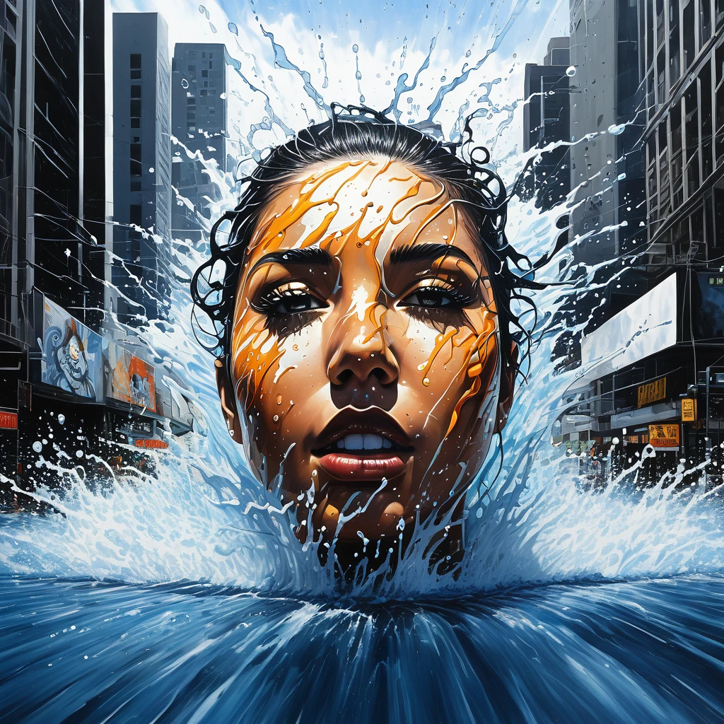 abstract face in a city landscape, a photorealistic painting by Mark English , [:anime line art:0.2], celestial and Heat and Thunder and Water themed, epic splash art , auto-destructive art, , abstract