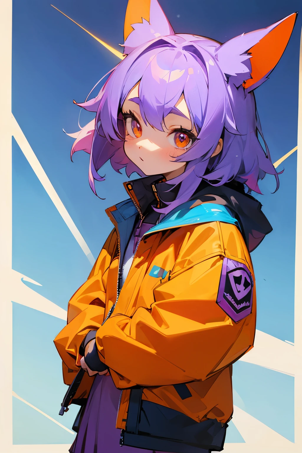 Cute girl with floppy puppy ears, purple hair, orange eyes, light blue jacket.