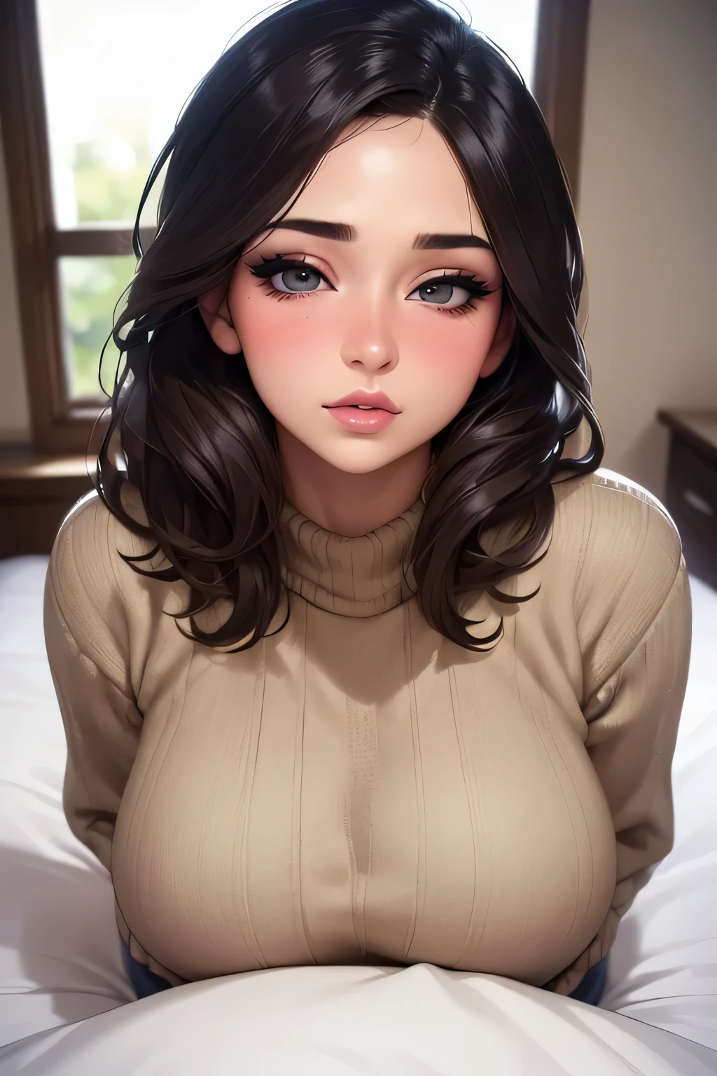 (best quality, ultra-detailed, realistic:1.37),beautiful detailed eyes,beautiful detailed lips,long eyelashes,perfectly styled hair,gorgeous makeup,sexy seductive gaze,intense blushing,sensual appearance,oversized sweater,natural light,window,beautiful face,bed,pillow,viewer.