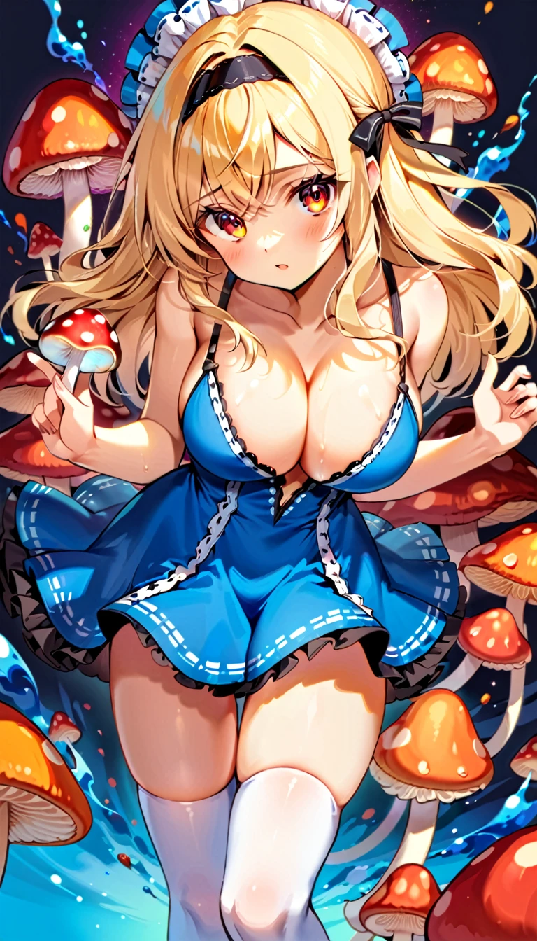 a beautiful 20 year old blonde woman with big messy hair in a blue dress, white stockings, black headband, cleavage, holding a glowing mushroom, fantasy art style, rossdraws cartoon vibrant, alice in wonderland cyberpunk, cute detailed digital art, colorfull digital fantasy art, digital fantasy art ), glossy digital painting, rossdraws pastel vibrant, rossdraws 2. 5, rossdraws 1. 0