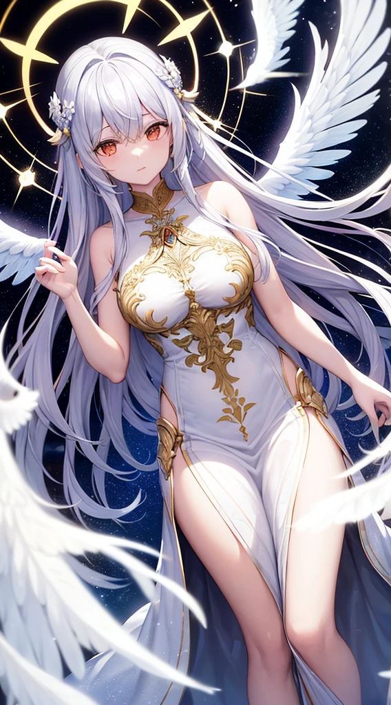 Picture a serene and ethereal figure, the biblical seraphim, standing with grace and poise. Its form is humanoid, but with an otherworldly beauty, radiating a soft, golden glow that envelops its surroundings. 

The seraphim's attire consists of flowing robes adorned with intricate patterns, shimmering with a pearlescent sheen. Multiple pairs of majestic wings sprout from its shoulders, each feather meticulously crafted and suffused with radiant brilliance.

In one hand, the seraphim holds a gleaming sword of purest silver, symbolizing divine authority and justice. In the other hand, it clutches a scroll inscribed with ancient symbols, representing wisdom and celestial knowledge.

A halo of pure light encircles the seraphim's head, pulsing with divine energy. Behind it, the celestial heavens stretch out, adorned with stars and wisps of drifting clouds, casting a warm and welcoming glow upon the scene.