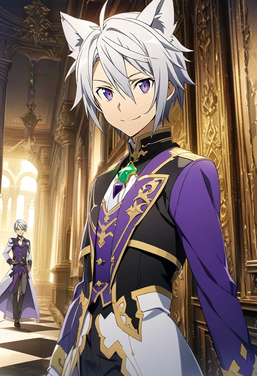Hyakuya Yuuichiro \(Sword Art Online\), short silvery white hair, bejeweled purple eyes:1.2, Prince costume, bangs, smiling gently, cat ears, ((ultra-detailed)), ((illustration)), (neat hair)), (beautiful detailed eyes), male, 1boy, ((palace hallway)), looking at viewer