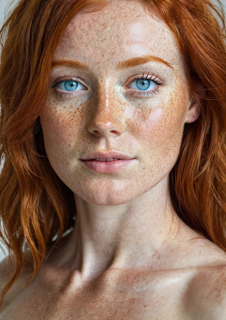30-year-old redhead, light blue eyes, freckles, naked, full body, frontal, without clothes, hd, ultra-realistic