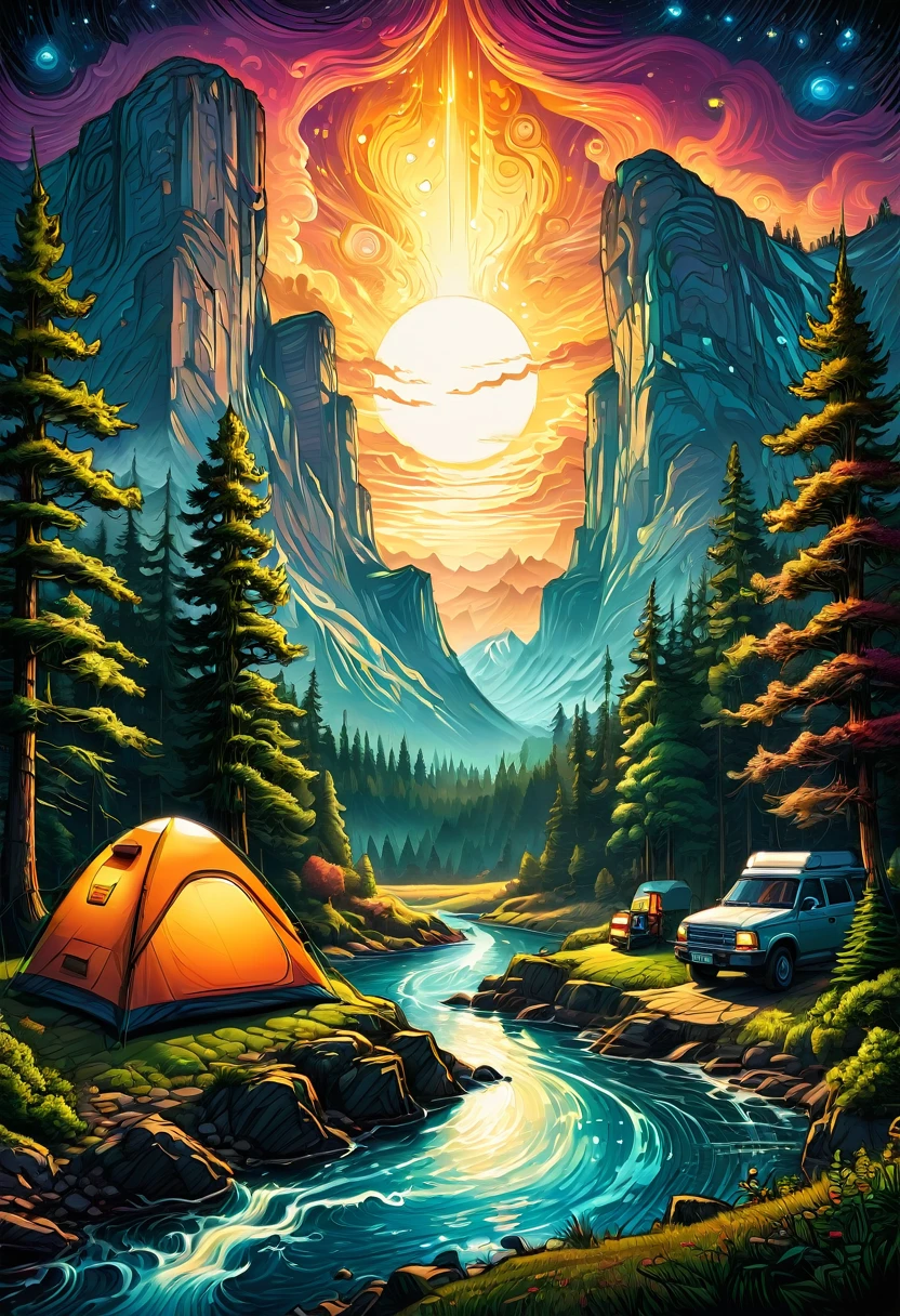 Outdoor Camping, by dan mumford, best quality, masterpiece, very aesthetic, perfect composition, intricate details, ultra-detailed