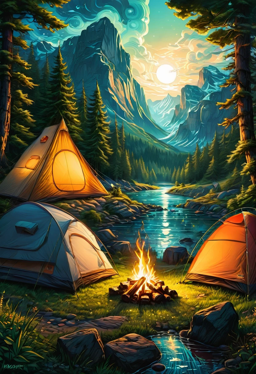 Outdoor Camping, by dan mumford, best quality, masterpiece, very aesthetic, perfect composition, intricate details, ultra-detailed