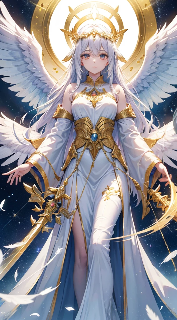 Picture a serene and ethereal figure, the biblical seraphim, standing with grace and poise. Its form is humanoid, but with an otherworldly beauty, radiating a soft, golden glow that envelops its surroundings. 

The seraphim's attire consists of flowing robes adorned with intricate patterns, shimmering with a pearlescent sheen. Multiple pairs of majestic wings sprout from its shoulders, each feather meticulously crafted and suffused with radiant brilliance.

In one hand, the seraphim holds a gleaming sword of purest silver, symbolizing divine authority and justice. In the other hand, it clutches a scroll inscribed with ancient symbols, representing wisdom and celestial knowledge.

A halo of pure light encircles the seraphim's head, pulsing with divine energy. Behind it, the celestial heavens stretch out, adorned with stars and wisps of drifting clouds, casting a warm and welcoming glow upon the scene.