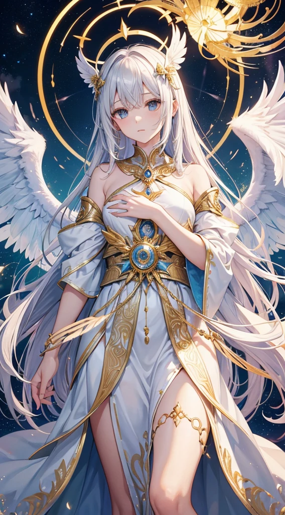 Picture a serene and ethereal figure, the biblical seraphim, standing with grace and poise. Its form is humanoid, but with an otherworldly beauty, radiating a soft, golden glow that envelops its surroundings. 

The seraphim's attire consists of flowing robes adorned with intricate patterns, shimmering with a pearlescent sheen. Multiple pairs of majestic wings sprout from its shoulders, each feather meticulously crafted and suffused with radiant brilliance.

In one hand, the seraphim holds a gleaming sword of purest silver, symbolizing divine authority and justice. In the other hand, it clutches a scroll inscribed with ancient symbols, representing wisdom and celestial knowledge.

A halo of pure light encircles the seraphim's head, pulsing with divine energy. Behind it, the celestial heavens stretch out, adorned with stars and wisps of drifting clouds, casting a warm and welcoming glow upon the scene.