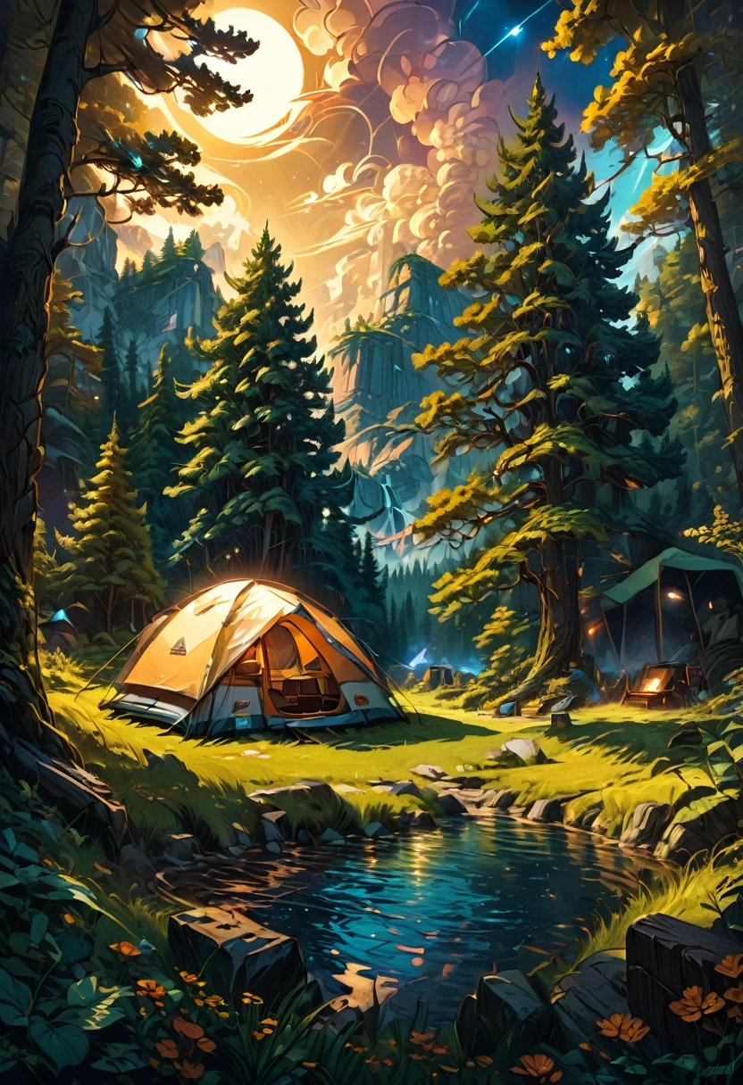Outdoor Camping, by dan mumford, best quality, masterpiece, very aesthetic, perfect composition, intricate details, ultra-detailed