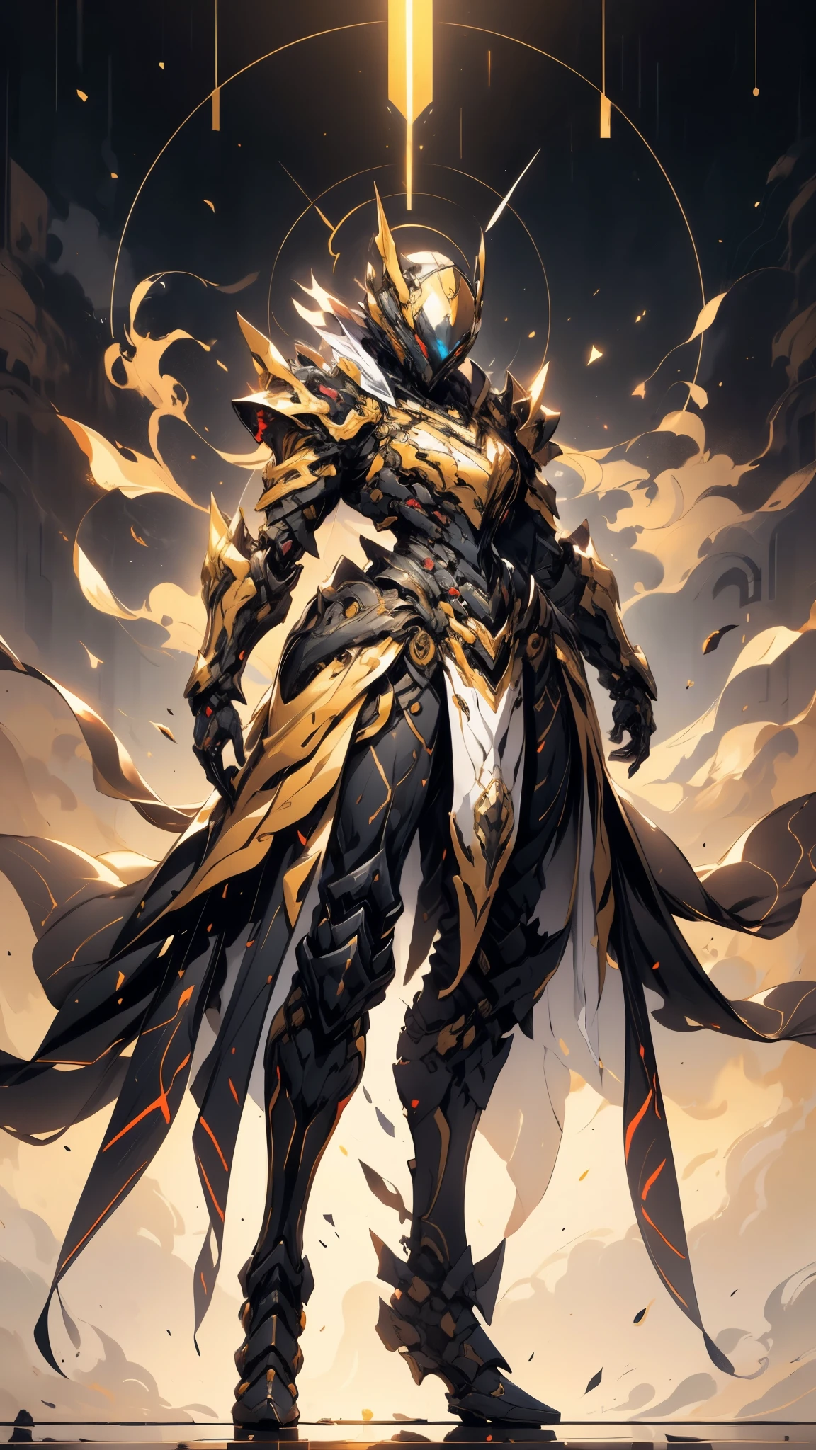 A woman adorned in fantasy-style full-body armor, a crown-concept fully enclosed helmet that unveils only her eyes, a composite layered chest plate, fully encompassing shoulder and hand guards, a lightweight waist armor, form-fitting shin guards, the overall design is heavy-duty yet flexible, ((the armor gleams with a golden glow, complemented by red and blue accents)), exhibiting a noble aura, she floats above a fantasy-surreal high-tech city, this character embodies a finely crafted fantasy-surreal style armored hero in anime style, exquisite and mature manga art style, (Queen bee mixed with Spider concept Armor, plasma, blood), ((Element, energy, elegant, goddess, femminine:1.5)), metallic, high definition, best quality, highres, ultra-detailed, ultra-fine painting, extremely delicate, professional, anatomically correct, symmetrical face, extremely detailed eyes and face, high quality eyes, creativity, RAW photo, UHD, 32k, Natural light, cinematic lighting, masterpiece-anatomy-perfect, masterpiece:1.5