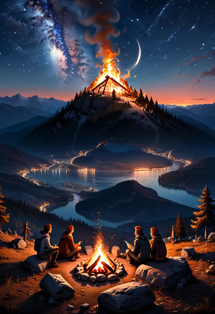 A bonfire  under the starry sky on the mountaintop, As night falls and the stars shine, campers gather around the burning bonfire, sharing stories, playing guitar and singing, enjoying the cold and pure air on the mountaintop, (masterpiece, best quality, Professional, perfect composition, very aesthetic, absurdres, ultra-detailed, intricate details:1.3)