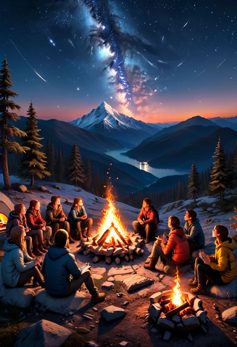 A bonfire  under the starry sky on the mountaintop, As night falls and the stars shine, campers gather around the burning bonfire, sharing stories, playing guitar and singing, enjoying the cold and pure air on the mountaintop, (masterpiece, best quality, Professional, perfect composition, very aesthetic, absurdres, ultra-detailed, intricate details:1.3)